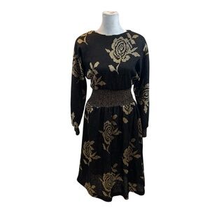 Vinatge 1980’s Alicia Brand Black and Gold Knit Long‎ Sleeve Dress Size 8 Petite
